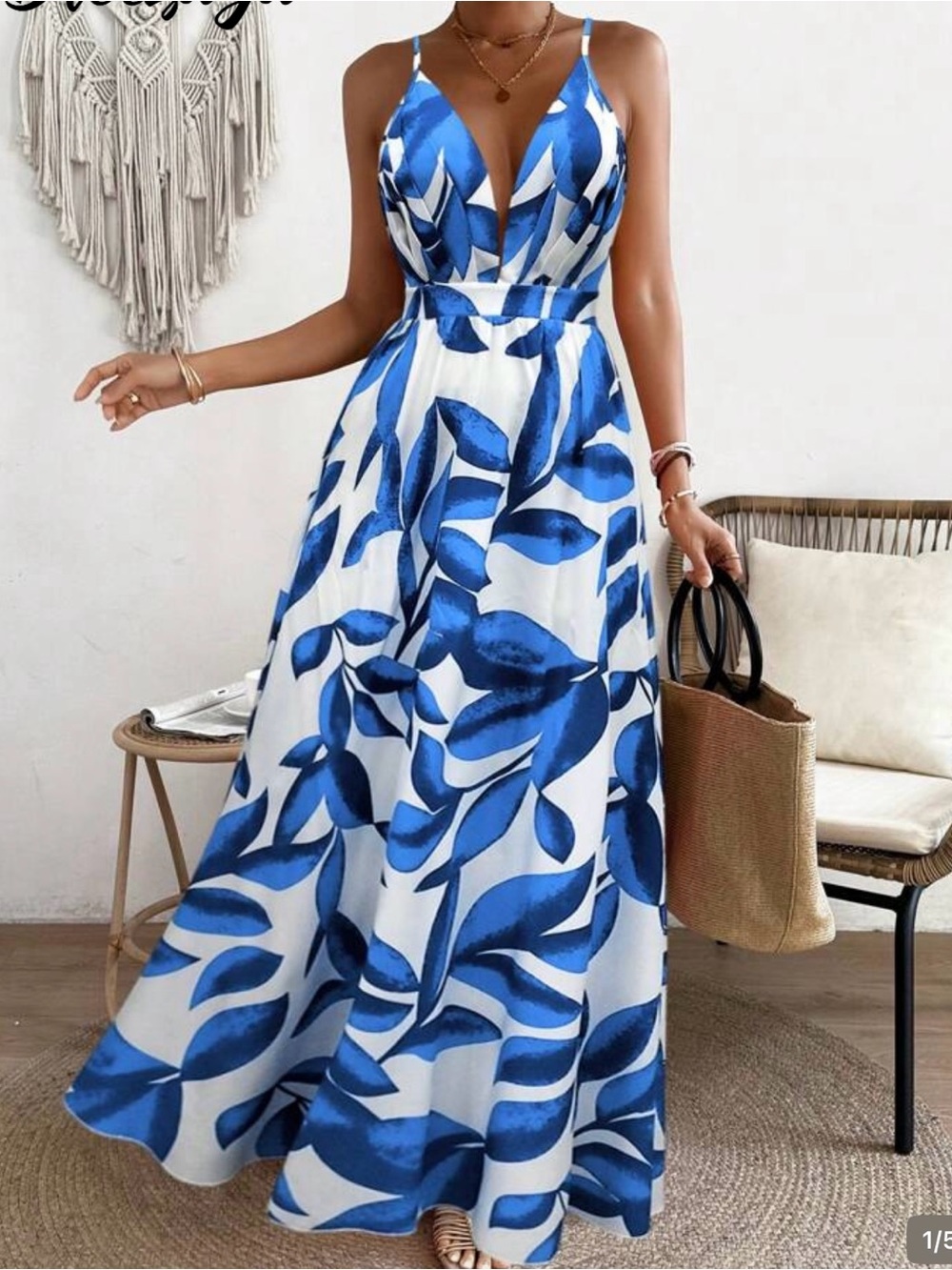 SHEIN Blue & White Leaf Print V-Neck Maxi Dress